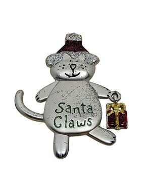 Vtg 90s Santa Claws Cat Brooch Pin Signed TC Silver-Tone Glitter Present Christm